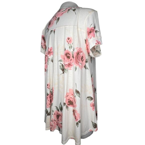 Lula Roe Medium Top short Sleeve Round Neck White Pink Floral Stretch - Picture 8 of 14